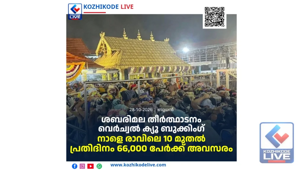 ശബരിമല മണ്ഡല, മകരവിളക്ക് തീർത്ഥാടനം: വെർച്വൽ ക്യൂ ബുക്കിംഗ് നാളെ രാവിലെ 10 മുതൽ; പ്രതിദിനം 66,000 പേർക്ക് അവസരം