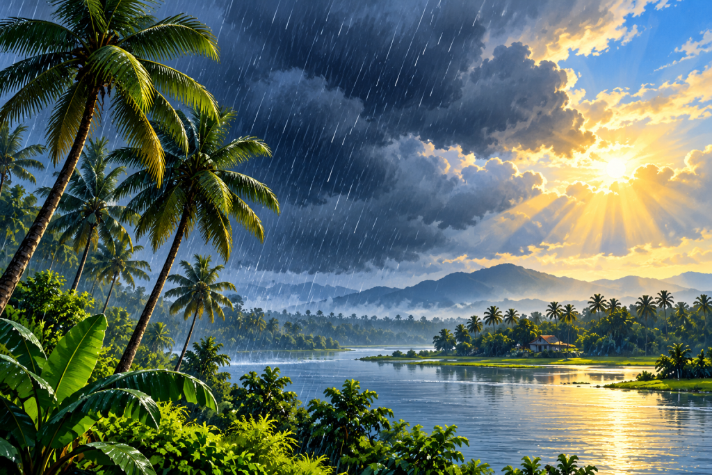 കേരളത്തിലെ മഴമേഘങ്ങളും തെങ്ങുകളും — കാലവർഷത്തിനുള്ള പ്രതീകാത്മക AI ചിത്രം