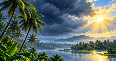 കേരളത്തിലെ മഴമേഘങ്ങളും തെങ്ങുകളും — കാലവർഷത്തിനുള്ള പ്രതീകാത്മക AI ചിത്രം