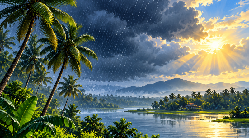 കേരളത്തിലെ മഴമേഘങ്ങളും തെങ്ങുകളും — കാലവർഷത്തിനുള്ള പ്രതീകാത്മക AI ചിത്രം